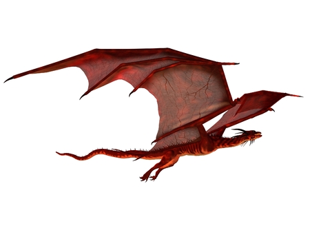 Fantasy illustration of a red dragon flying, 3d digitally rendered illustrationの写真素材