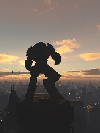 Science fiction illustration of a robot sentinel standing guard over a future city at sunset, 3d digitally rendered illustrationの写真素材