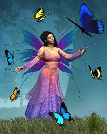 Fantasy illustration of a Fairy Queen of the Butterflies in an enchanted forest, 3d digitally rendered illustrationの写真素材