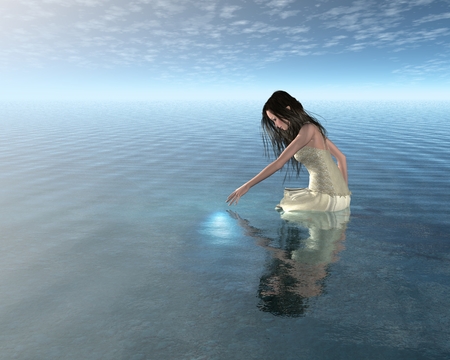 Fantasy illustration of a Water Nymph looking at her reflection in a calm lake, 3d digitally rendered illustrationの写真素材