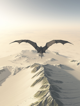 Fantasy illustration of a grey dragon flying over a snow covered mountain range, 3d digitally rendered illustrationの写真素材