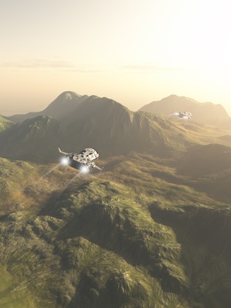 Science fiction illustration of small spaceships flying a scouting mission across the mountains on an alien planet, 3d digitally rendered illustrationの写真素材