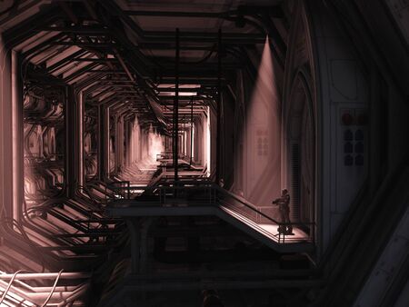 Science fiction illustration of a lone Space Marine guardsman standing guard in a giant hangar or...