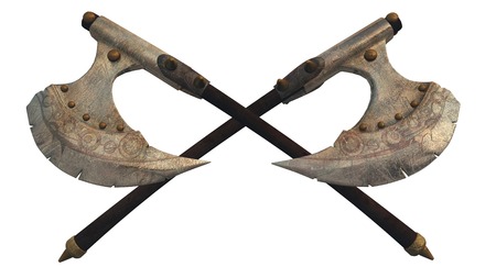 Illustration of crossed fantasy style battle axes, 3d digitally rendered illustrationの写真素材