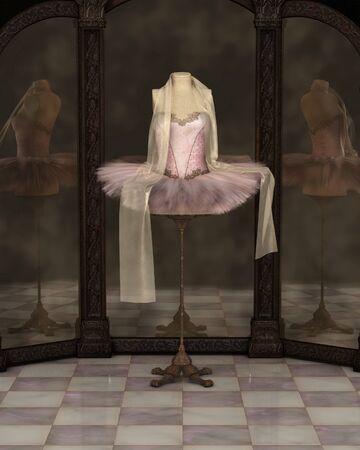 Illustration of a pink classical ballet tutu with draped chiffon scarf on a stand reflected in a cloudy three panel mirror, 3d digitally rendered illustrationの写真素材