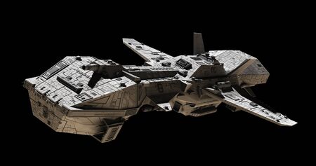 Science fiction illustration of an interplanetary spaceship, isolated on black, side angled view, 3d...