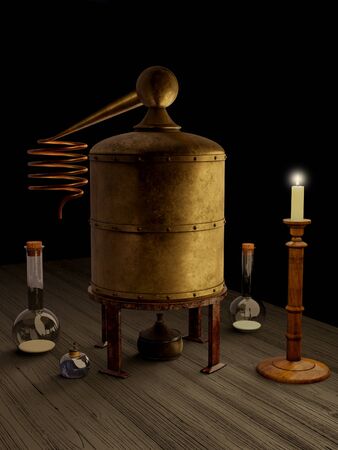 Fantasy illustration of a brass still and other alchemy equipment on a wooden laboratory table, 3d digitally rendered illustrationの写真素材