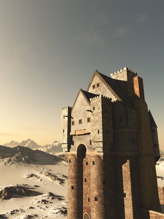 Fantasy illustration of an ancient medieval Scottish style tower house castle in snow covered winter mountains, 3d digitally rendered illustrationの写真素材