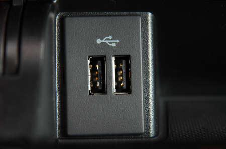 two usb ports on the passenger car consoleの写真素材