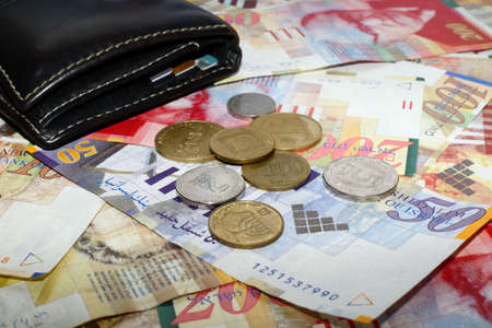 Wallet, coins and bills 50, 100, 200 shekelの写真素材