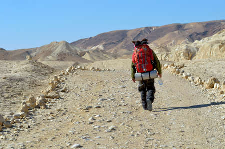 A lone man traveling through the desert. En Avedat, Israelの写真素材