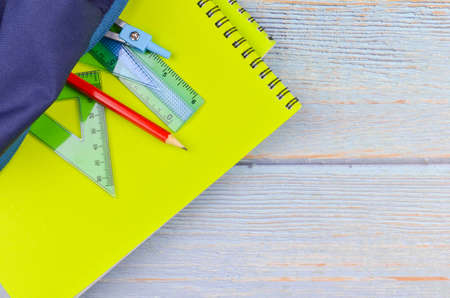 Student backpack and various school supplies, studing, education and back to school concept.の写真素材