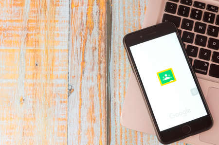 Kuala Lumpur, Malaysia - April 16, 2020 -Black smart phone with Google Classroom application on...