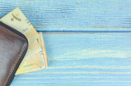 Saudi Arabia money on wooden background.の写真素材