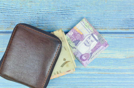 Saudi Arabia money on wooden background.の写真素材