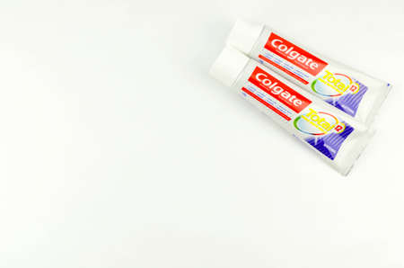 Puchong, Malaysia - July 16, 2019; Colgate toothpaste on white background. Brand of produced by Colgate-Palmolive.のeditorial素材