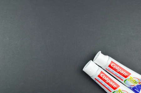 Puchong, Malaysia - July 17, 2019; Colgate toothpaste on black background. Brand of produced by...