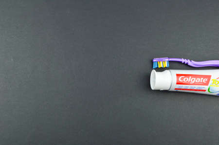 Puchong, Malaysia - July 17, 2019; Colgate toothpaste on black background. Brand of produced by...