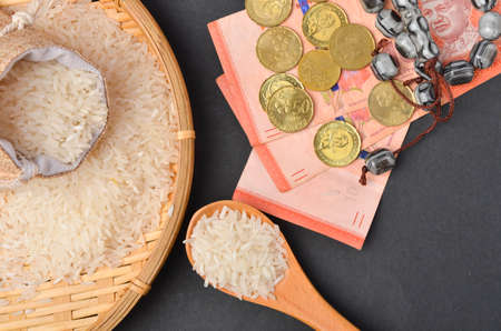 Coins, rosary, Holy Quran and rice in the sack. Zakat concept. Zakat is a form of alm-giving as a religious obligation or tax. Large Arab word right method to read correctly.の写真素材