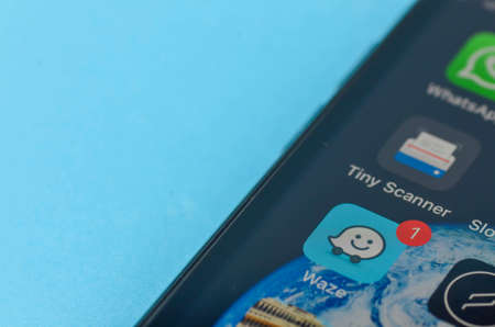 Puchong, Malaysia - July 28, 2019; Waze was founded in 2008 in Israel and is a community-driven GPS navigation application program for smartphone. It was sold to Google for US$1.3 billion in 2013.のeditorial素材