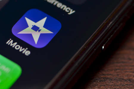 Puchong, Malaysia - July 30, 2019; Apple iPhone 7 plus with iMovie application on the screen. Close up.のeditorial素材