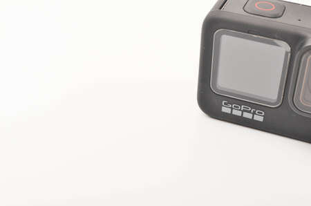 Kuala Lumpur, Malaysia - April 30, 2021: New flagship action camera gopro 9 black on white background. Selective focus.のeditorial素材