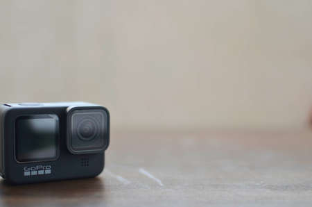 Kuala Lumpur, Malaysia - April 30, 2021: New flagship action camera gopro 9 black on blur...