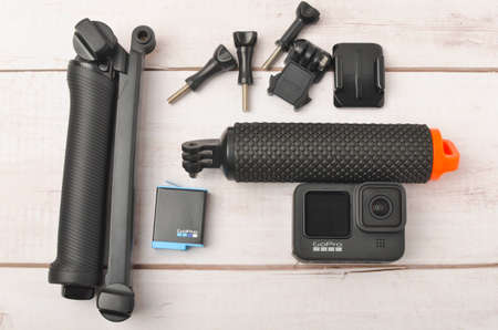 Kuala Lumpur, Malaysia - April 30, 2021: New flagship action camera gopro 9 black on wooden...