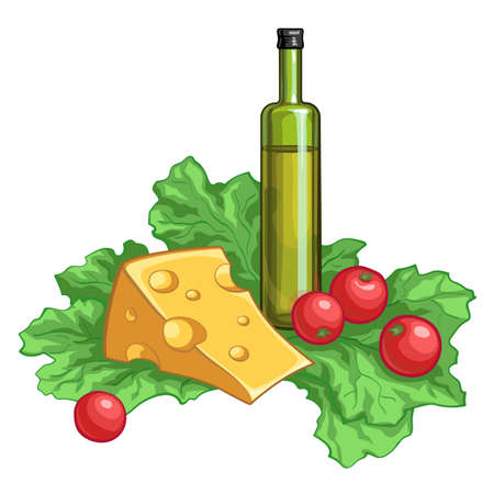 Olive oil, tomatoes, salad and cheese isolated on white background. Vector illustration.のイラスト素材