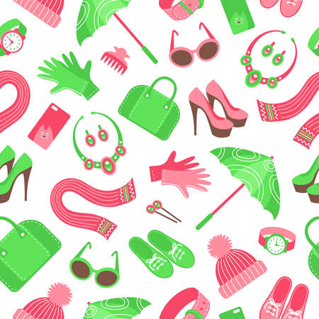 Seamless pattern with women's accessories. Sunglasses, watch, phone cover, hair accessories, handbag, jewelry, shoes, belt, scarf, gloves, hat, umbrella. Flat vector illustration.のイラスト素材