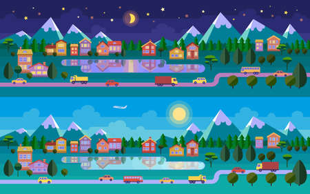 Flat landscape illustration. Night and day versions. Road, town, lake and mountains. Vector website header image or horizontal web banner.のイラスト素材