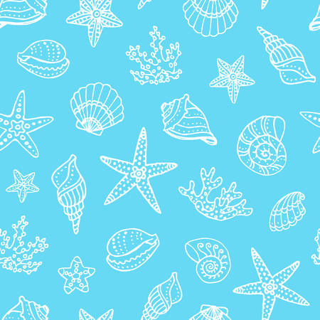 Seamless pattern with doodle seashells, corals and starfishes. Hand drawn vector illustration.のイラスト素材