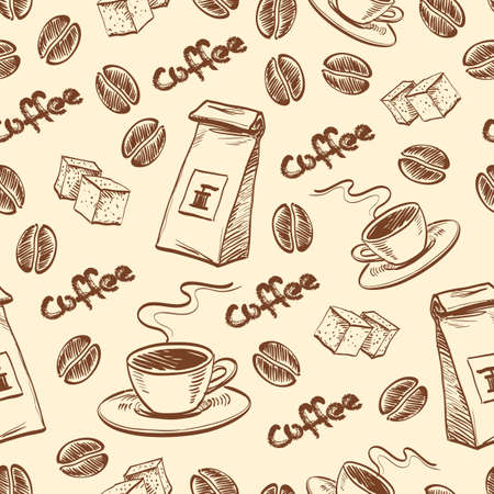 Seamless pattern with coffee beans, cup of coffee, packet of coffee and sugar cubes. Hand drawn vector illustration.のイラスト素材