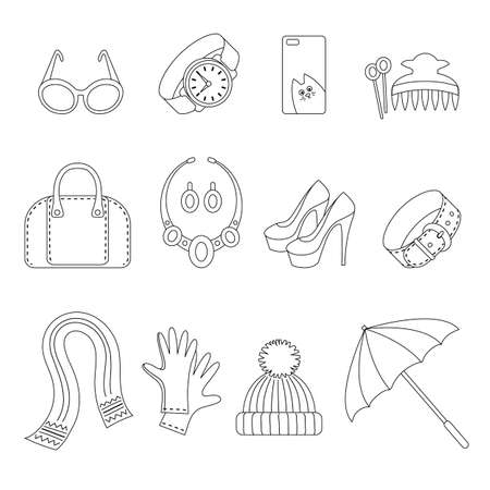 Line icons set of women s Accessories isolated on white.のイラスト素材