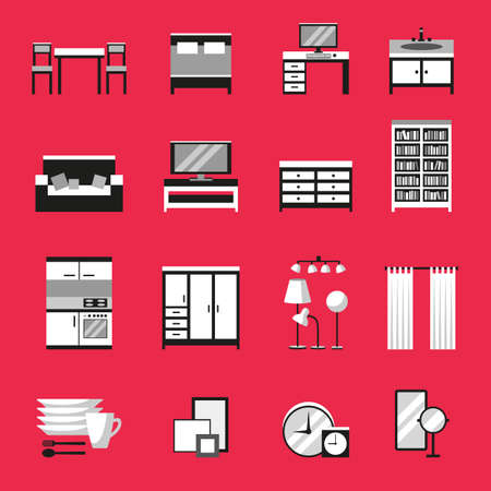 Monochrome furniture icons set on red background. Flat style illustration.のイラスト素材