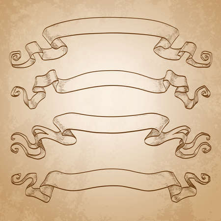 Set of banners. Vintage ribbons on old paper background. Hand drawn illustration.のイラスト素材