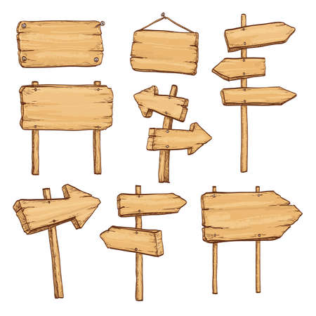 Sketch set of wooden signposts and signboards. Hand drawn illustration. Isolated on white background.のイラスト素材