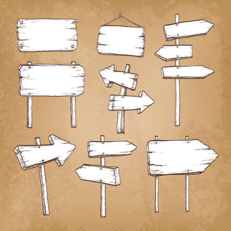 Set of vintage signposts and signboards on old paper background. Hand drawn vector illustration.のイラスト素材