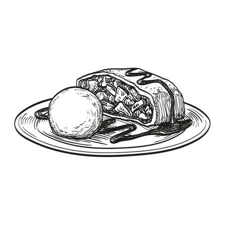 Apple strudel with ice cream isolated on white background. Hand drawn vector illustration. Retro style.のイラスト素材