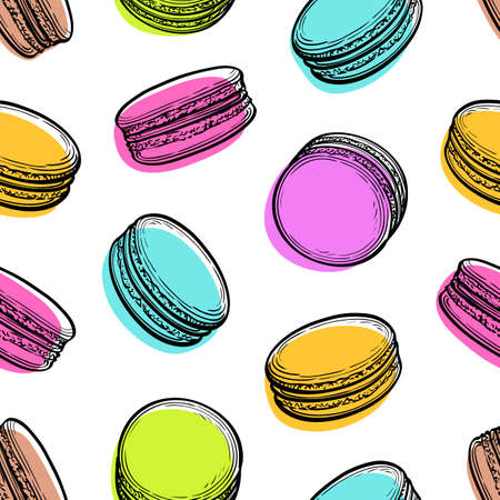 Seamless pattern with macaroons. Pastry sweets collection. Hand drawn vector illustrationのイラスト素材