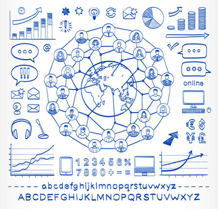 Business doodle concept. Connecting people. Global business. Hand drawn sketch icons. Hand drawn letters of alphabet and numbers. Isolated on white background. Vector ilustration.のイラスト素材