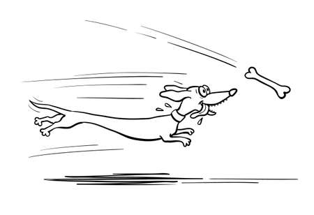 Sketch of dachshund dog running for bone. Hand drawn vector illustration. Isolated on white background.のイラスト素材
