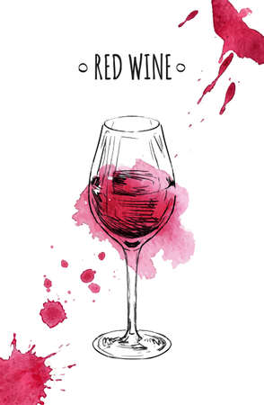 Glass of red wine. Hand drawn vector sketch. Watercolor stains.のイラスト素材