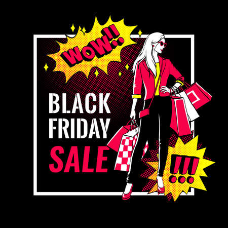 Black Friday sale banner. Girl with shopping bags. Comic bubbles. Vector illustration.のイラスト素材