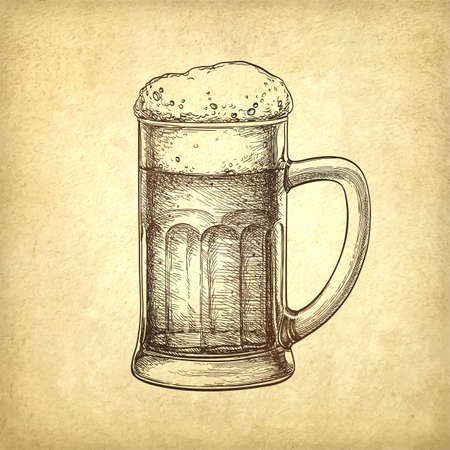 Beer mug on old paper background. Hand drawn vector illustration. Retro style.のイラスト素材