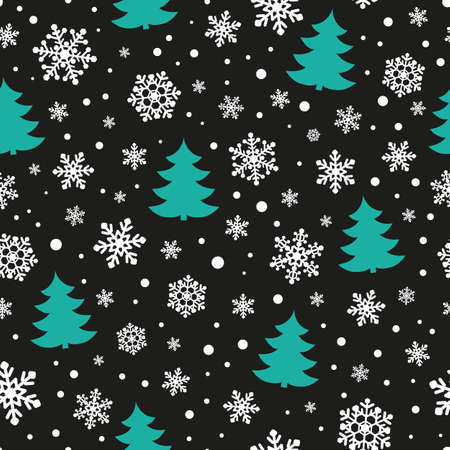 Seamless pattern with snowflakes and Christmas trees on black background. New year and Xmas Holidays background.のイラスト素材