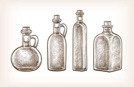Bottles of olive oil. Hand drawn vector illustration. Retro style.の写真素材