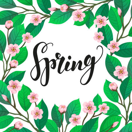 Spring text on floral background.