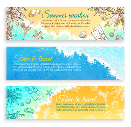 Summer vacation. Set of horizontal banner templates. Website header images. Hand drawn vector illustrations. Retro style.のイラスト素材