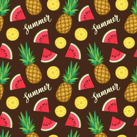 Seamless pattern with pineapple and watermelon. Summer text. Calligraphic lettering.のイラスト素材